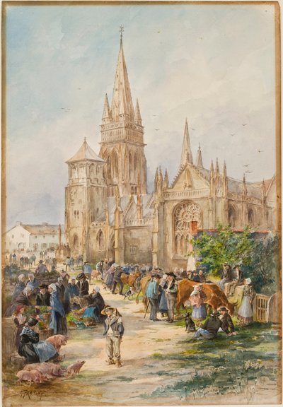 Market scene at Le Folgoet, Brittany by Gustave Fraipont
